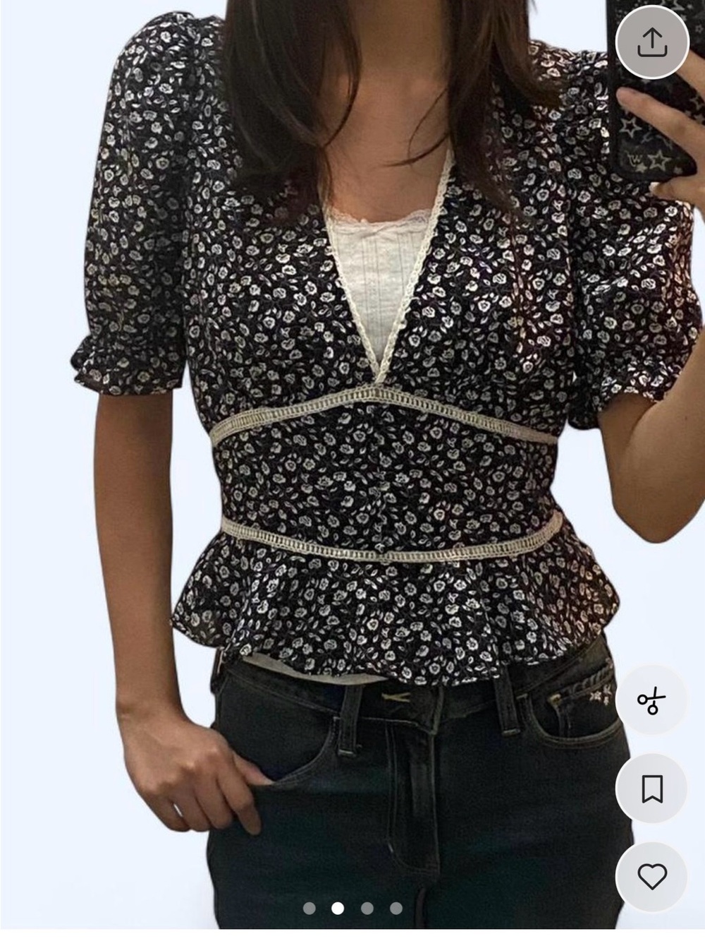 Black Floral V-Neck Peplum Blouse with Lace Trim